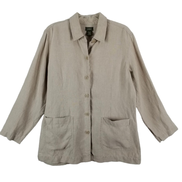 LL Bean Women's 100% Linen Blazer Jacket Tan Pockets Boxy Button Size 12 Regular - Picture 1 of 8